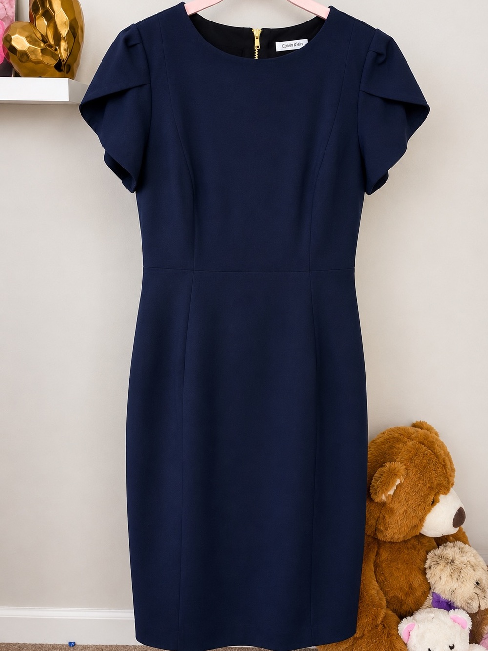 Calvin Klein Size 14 Navy Tulip Sleeve Sheath Dress Gold Zip Career Cocktail